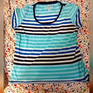 Faded Glory blue, white, and black women's short sleeve tee, size XL.